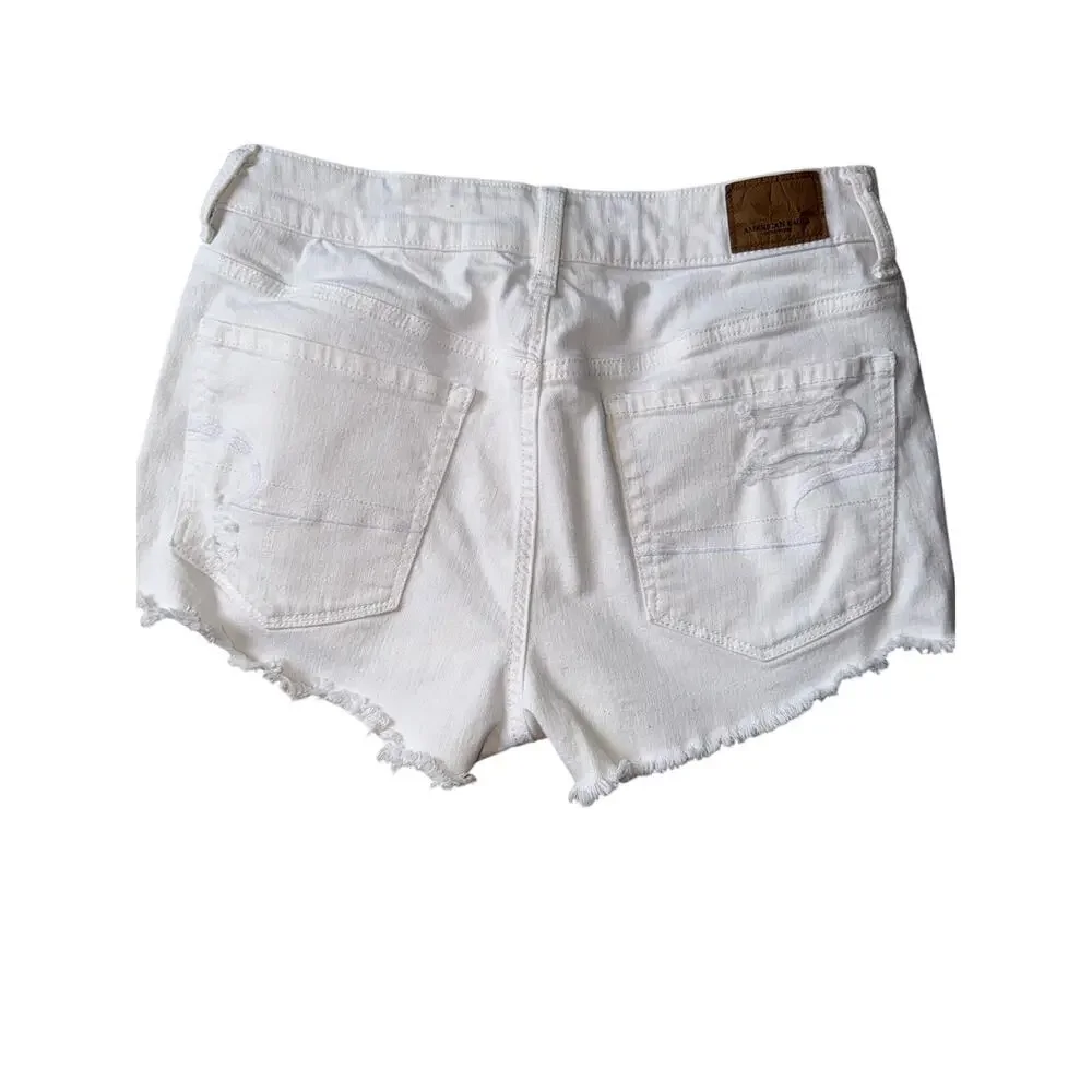 American Eagle White Distressed Denim Mid Rise Short Shorts Size 8 Frayed Hem